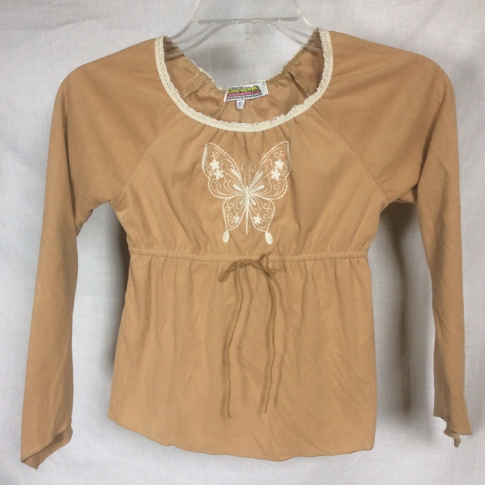 Courage & Confidence Girls Tan Top w/ Butterfly Sz S Y2K Whimsigoth Boho